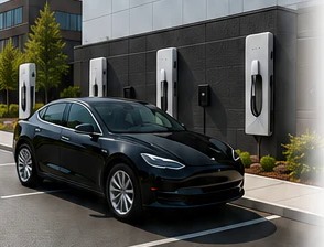 Tesla chargers installed at a commercial property with a car charging