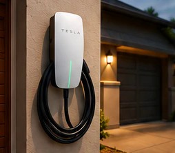 Tesla Wall Connector installed on a home garage wall